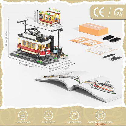 Heritage Tram and Station Lighting Building-Bricks Set - 1274 Pcs City Streetcar Modular Collection Old Town Downtown Display Model for Adults &amp Teens &amp Tram Enthusiasts