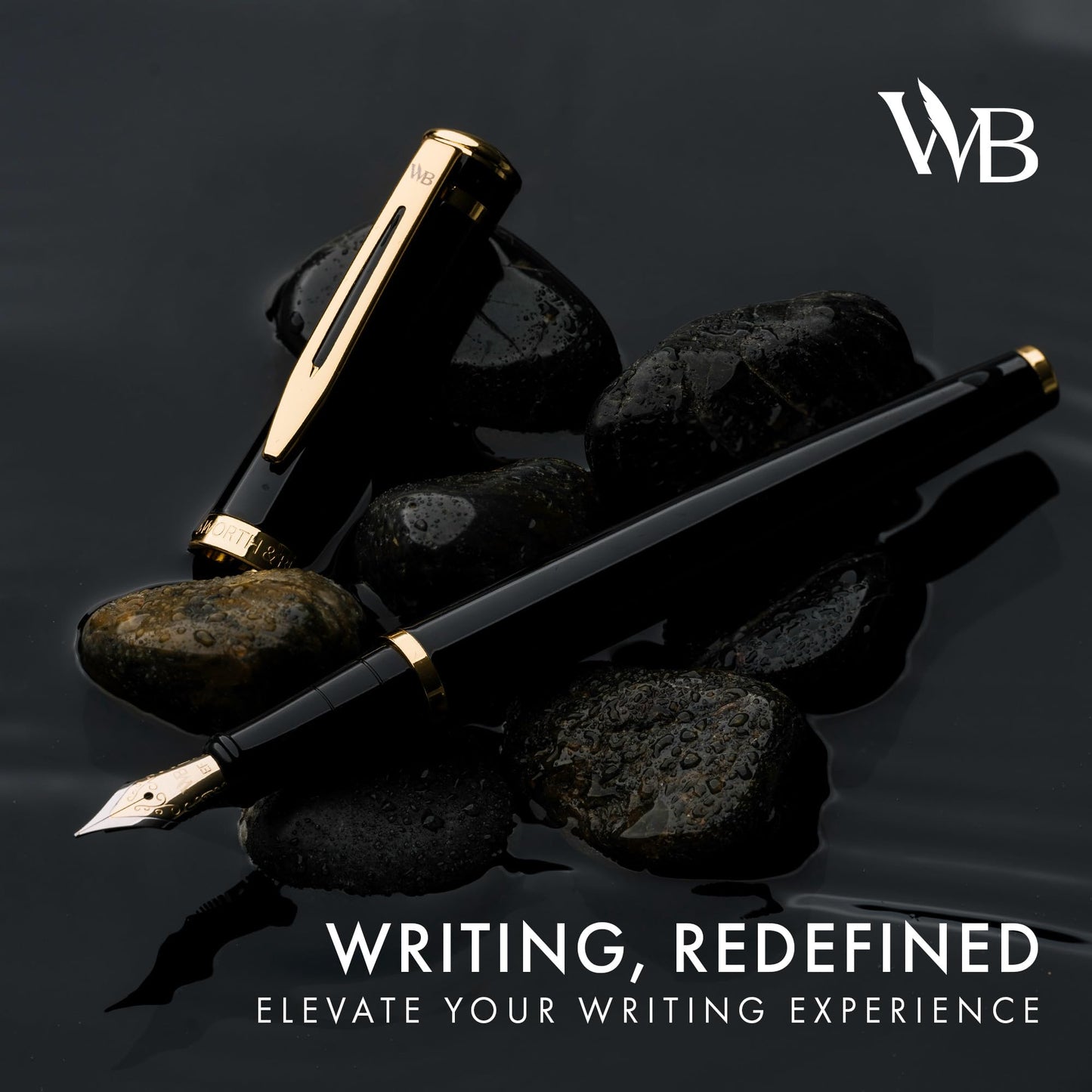 Wordsworth & Black Fountain Pen Set, 18K Gilded Medium Nib, Includes 24 Pack Ink Cartridges, Ink Refill Converter & Gift Pouch, Gold Finish, Calligraphy, [Black Gold], Perfect for Men & Women