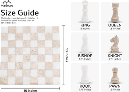 Marble Chess Set 10 Inch Handmade White &amp Travertine Chess Board with 32 Pieces &amp 2 Extra Queens Classic 2 Player Chess Game for Adults Elegant Gift for Women's and Perfect for Game Nights