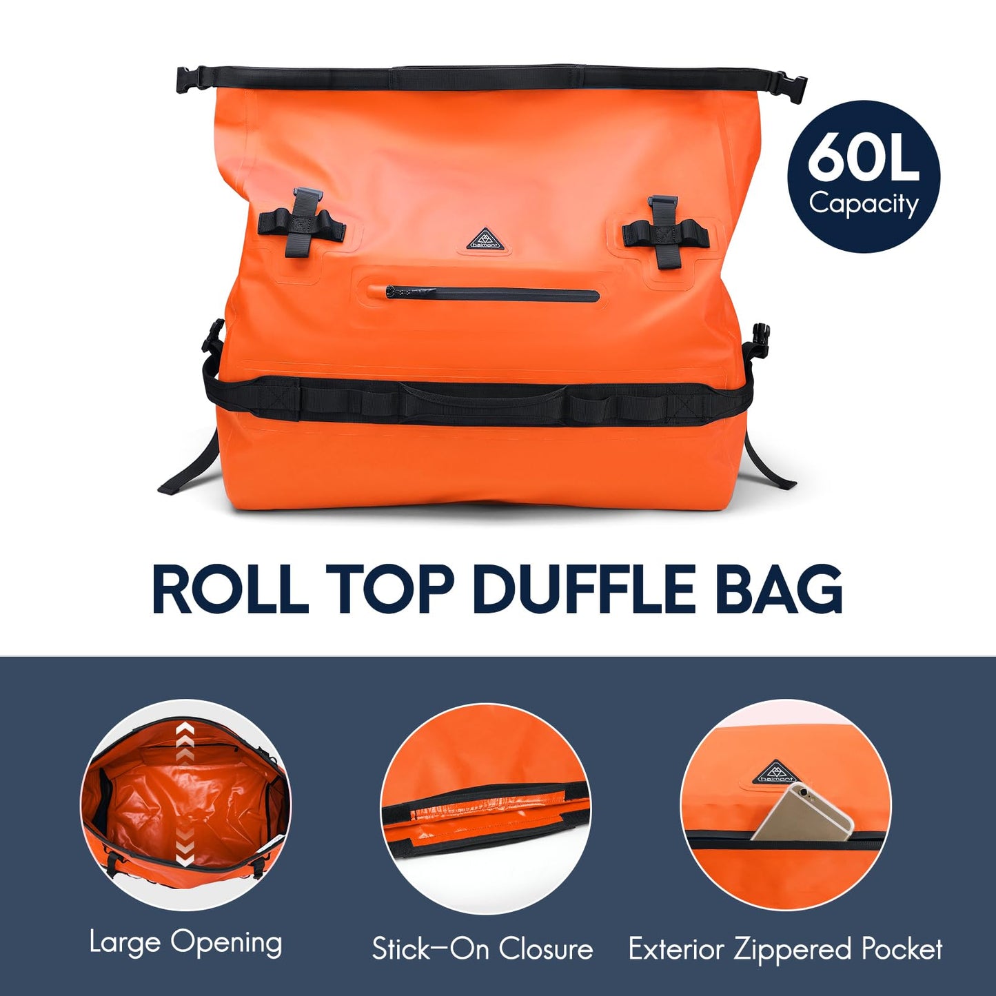 Haimont 60L Waterproof Duffel Bag Backpack Outdoor Heavy Duty Duffle Bag with Backpack Straps for Camping Travel Kayaking for Men Women, Orange