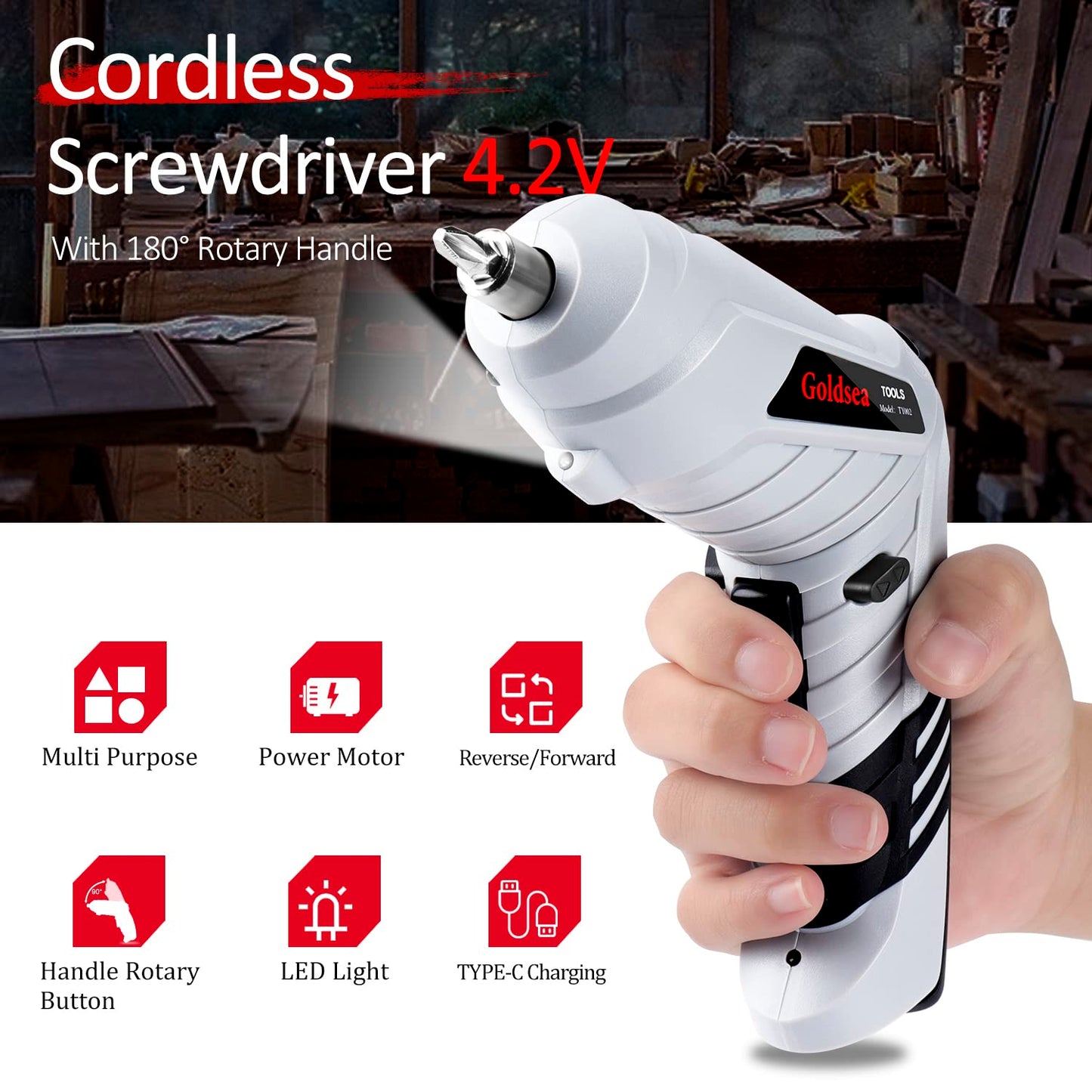 Electric Screwdriver Cordless, Goldsea Powered Screwdriver Set with 10 Magnetic Bits tool kit for college students,Portable Rechargeable Screw driver Tool Set for Dorm Home DIY(4.2v, 3.5n.m, White)
