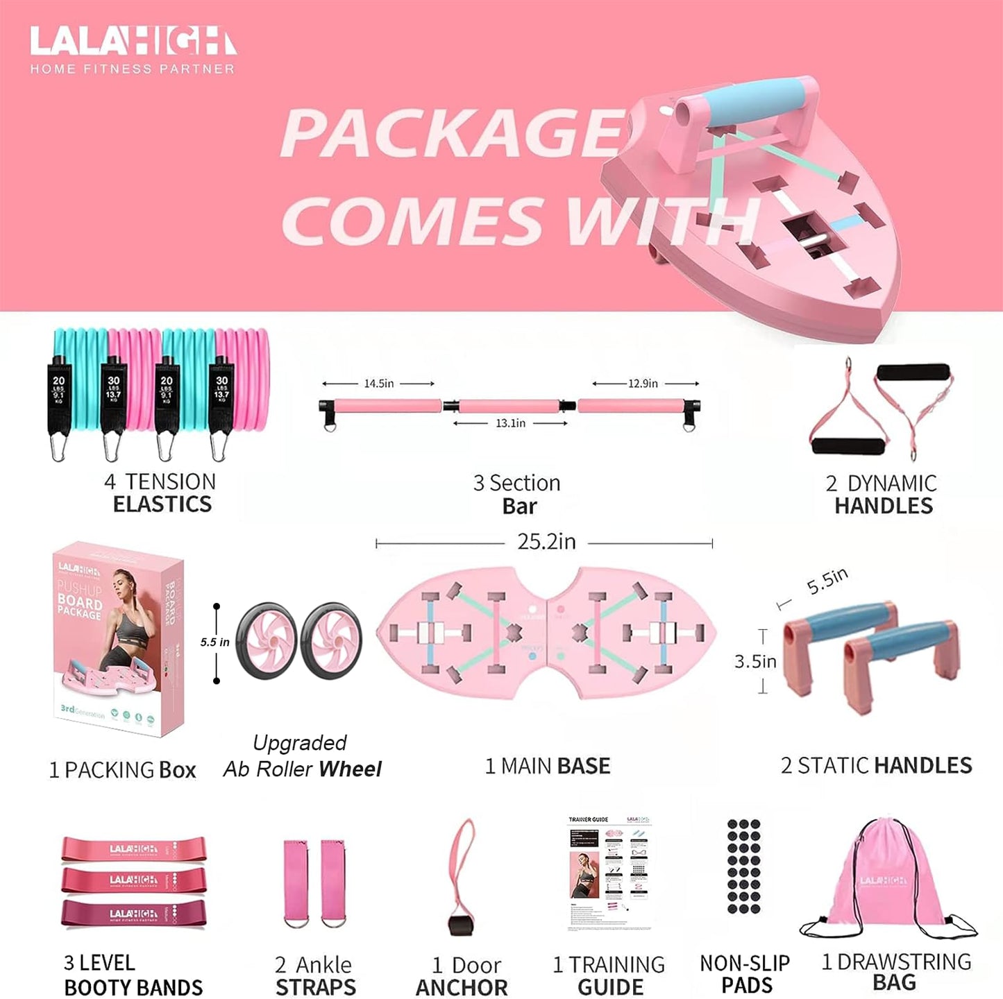 LALAHIGH Portable Home Gym System for Men and Women:Push Up Board, Pilates Bar & 20 Fitness Accessories with Resistance Bands and Ab Roller Wheel-Professional Strength Training Exercise