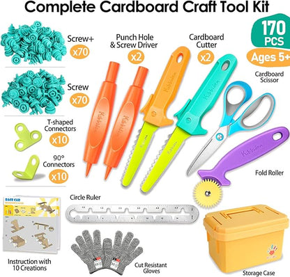 Kibbidea Cardboard Cutter for Kids with Screws &ampTool Box 170PCS Cardboard Construction Tool Kit STEM Resuable Building Toys for Boys and Girls Engineering &amp Creativity（Aged 5+）