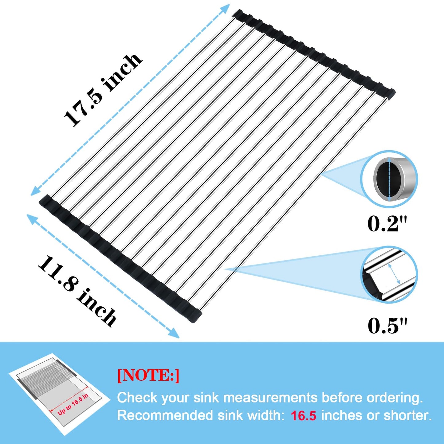 Seropy Roll Up Dish Drying Rack Over The Sink Drying Rack for Kitchen Counter, Rolling Dish Rack Over Sink Mat, Foldable Dish Drainer Stainless Steel Rack Kitchen Organization Gadgets 17.5"x11.8"