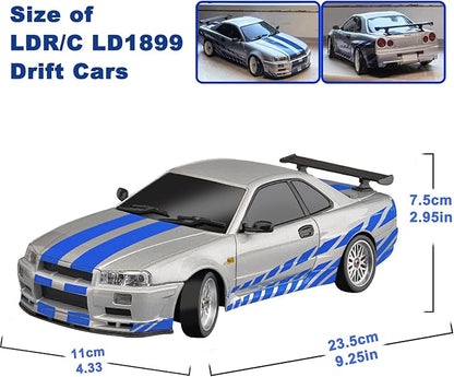Skymaker LDRC Drift Car Nissan Skyline GTR R34 1/18 RWD High Speed Drifting RC Model Drift Cars 2.4GHz with Gyroscope 3 Batteries (Silver)