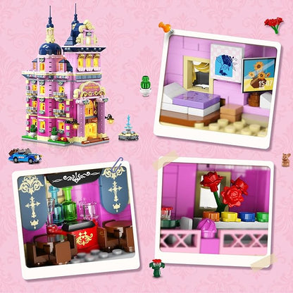 Pink Estate House Building Set with Lights 3 Style Pinkspire Construction Model with Car Fountain 1815 PCS Friends Villa Castle Building Block Kit Home Decor Gift for Adults Boys Girls 8-12+