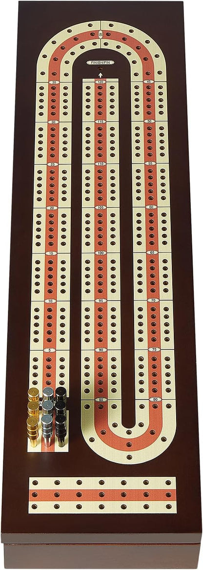 Cribbage Board Game Set Continuous 3 Track Wooden Board with Magnetic Lock 9 Metal Pegs 2 Playing Cards Large Storage Area Travel Portable Travel Cribbage Boards for Adult Child