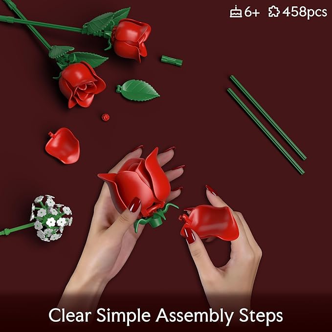 Red Rose Flowers Bouquet Building Set - Valentine's Day Gift Compatible with Lego Flowers for Adults Women Collection Christmas Mother's Day Valentine's Gifts Home Decor