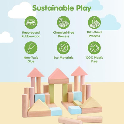 PlanToys 40 Piece Unit Block Building and Construction Block Set (5507) | Pastel Color Collection |Sustainably Made from Rubberwood and Non-Toxic Paints and Dyes