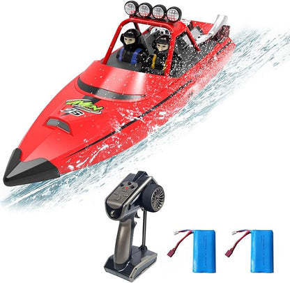 RC Boat W/ 2.4GHz Remote Control 2 Rechargeable Batteries &amp LED Lights for Pool Lakes Water High Speed RC Sport Jet Boat RTR for Adults Gifts Toys (Red)