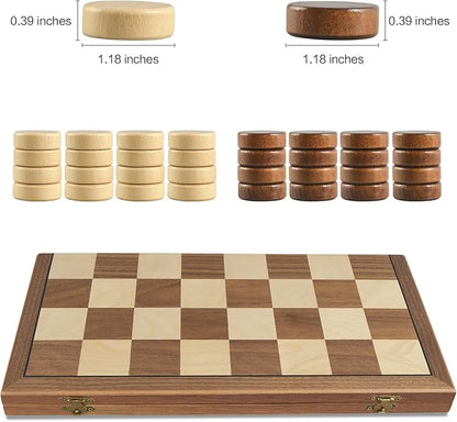 Walnut 15 Magnetic Checkers Board Game Set - Folding Wooden 8x8 Chessboard with 24 Interlocking Pieces Storage Slots - Family Strategy Game for Beginners &amp Kids Adults