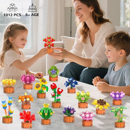 24 Pack Flowers Succulent Party Favors for Kids Building Set - 1012pcs Botanical Bonsai 3.6mm Mini Building Blocks Toy for Easter Basket Fillers Classroom Prize Stocking Stuffer Gift for Girl Boy 6+
