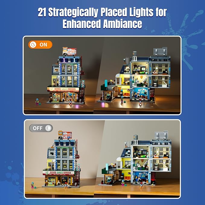 Barbershop Lighting Building Bricks Set - Street Fusion City Town Modular Playset Collection Display kit with Minifigures 2557 Pcs for Adults &amp Teens &amp Life Enthusiasts