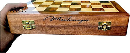 Personalized Wooden Chess Set | Magnetic Folding Travel Board with Storage Box &amp 2 Extra Queens (14 inch x 14 inch)
