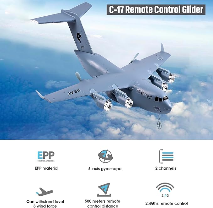 RC Plane Remote Control Airplane 2 Channels RC Airplane C-17 Military Transport Aircraft 2.4GHz EPP Foam Fixed-Wing RC Glider with Gyro and 2 Batteries Easy to Fly for Beginners
