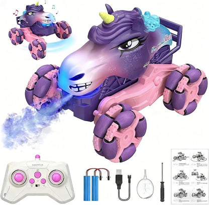 Remote Control Car 1:18 Pink Unicorn Monster Truck 360° Spin-Dance Light Music with Spray 2.4 GHz 4WD 120 Min Runtime Off-Road for Indoor &amp Outdoor Fun Toy Birthday Gifts for Girls Age 3+