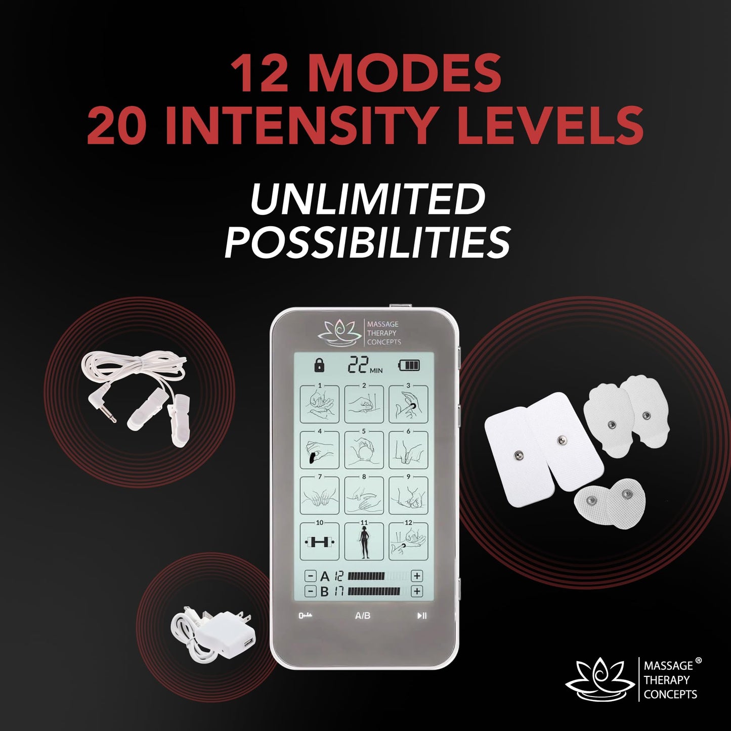 Massage Therapy Concepts Deluxe TENS Unit Muscle Stimulator & Accessories - Non-Invasive EMS Machine for Neck & Back Pain Relief, Sciatica - Electrotherapy with 12 Modes & 20 Intensity Levels