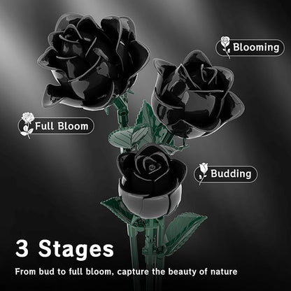 Black Roses Bouquet Building Set Artificial Flowers Botanical Collection Building Block for Adults Gothic Home Decor for Women Girls Compatible with Lego Flowers 585 PCS