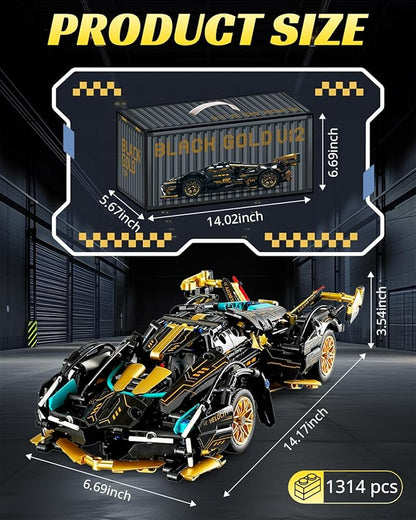 1:14 V12 Technic Super Sports Cars Model Sets - 1314 PCS Black Gold MOC Building Block Car Raceing Engineering Toys - Gift Idea for Adults Boys Girls for Play and Display Collection