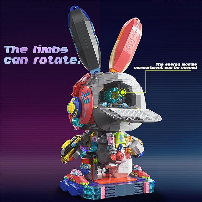Mechanical Rabbit Building Set - Punk Style Animal Collection Toy Robot Bunny Sets with LED Light Neon Style Collectible Building Toy Easter Decor Gift for Boys Girls Adults Teens Ages 12+ 1377PCS