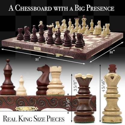Wegiel Imperator 21-Inch Luxury Wooden Chess Set for Adults and Kids - Handcrafted from Premium Beech and Birch Wood - Unique Folding Design with Chess Piece Storage BrownImperator - Brown