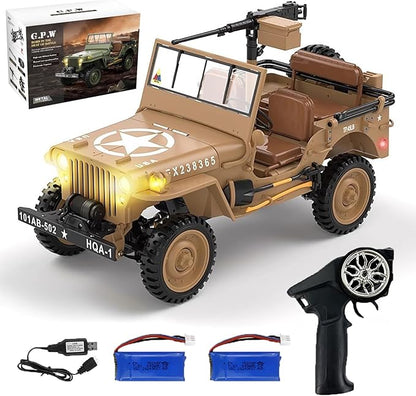 1:14 Scale Military Remote Control Car RC Crawler 2.4G 4WD Off Road Jeep RC Truck with LED Lights and Sound Effects Rock Climbing Vehicle for Adults (Yellow 2 Batteries)