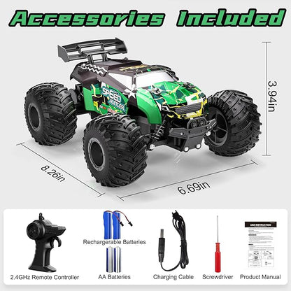 Remote Control Car RC Cars All Terrain Monster Truck Outdoor 2WD Off Road Hobby RC Truck with 2 Rechargeable Batteries and Colorful Light 20Km/h Fast RC Car Toys Gift for Kids Boys