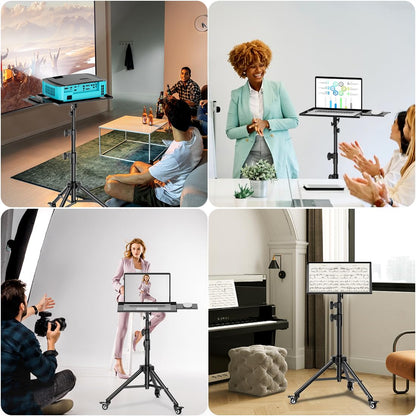 GZGDLJQ Projector Stand with Wheels, Laptop Tripod from 29" to 69" with Mouse Tray, Adjustable Height DJ Racks Stands with Gooseneck Phone Holder, for Office, Home, Stage, Studio, 1 Pack Black