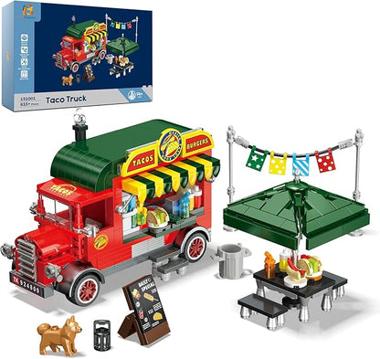 Taco Truck Building Blocks Set Cityscape Series Building Sets with Separate Dining Table and Puppy Pretend Play DIY Building Toys Gifts for Family Friends on Birthday Festival (615 Pcs)