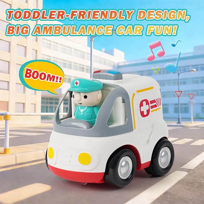 Remote Control Car for Kids - Cartoon RC Ambulance Toy for Toddlers 18+ Months Ages 2 3 4 5 Years Old Birthday Gifts for Boys with Lights &amp Sounds &amp Music