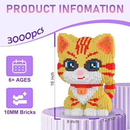 Cat Building Blocks with Organizer Bins | Yellow | Micro 3D Animal Building Blocks | 3000PCS | Gift for Adults and Kids | Home &amp Office Decor | RQ8889