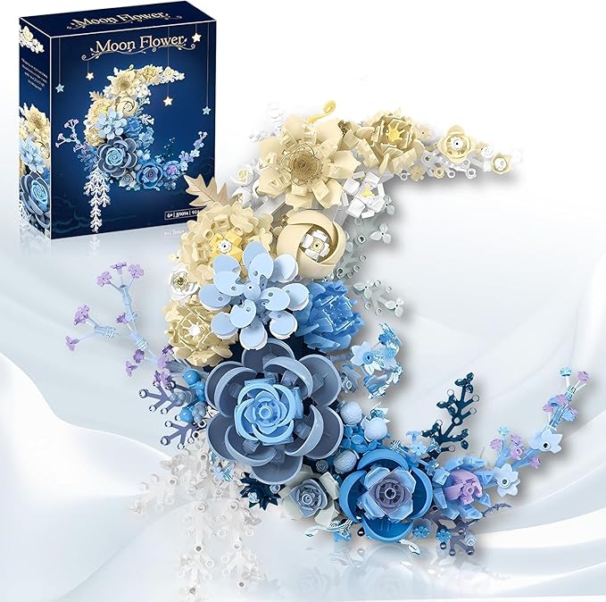 Moon Flowers Building Blocks Set Botanical Collection Blossom for Wall Decor Creative Floral Building Kit Flower Bouquet Botanical Collection for Home Décor Gift for Adults Teens 934 PCS (Blue)