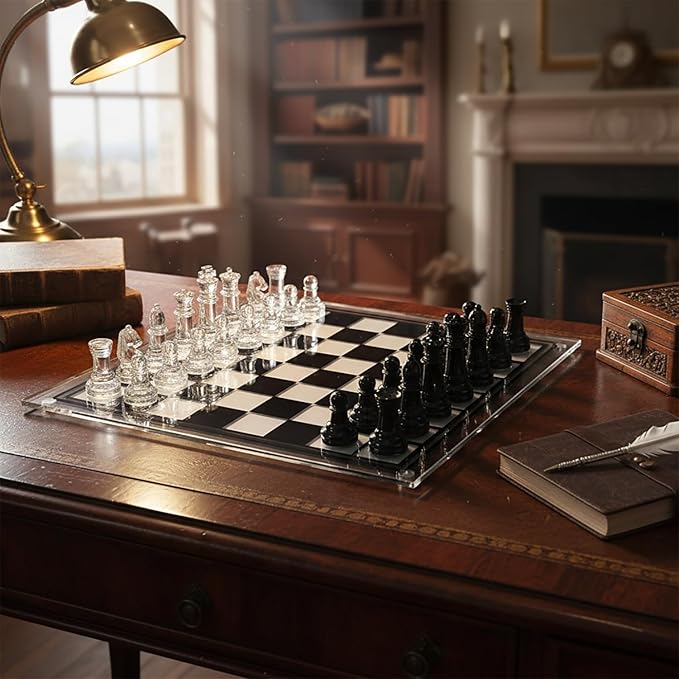 35cm/13.8 Glass Chess Set with Clear &amp Black Pieces – Elegant Transparent Board Game for Adults &amp Beginners Home Decor &amp Gift Choice