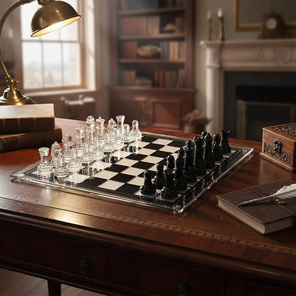35cm/13.8 Glass Chess Set with Clear &amp Black Pieces – Elegant Transparent Board Game for Adults &amp Beginners Home Decor &amp Gift Choice