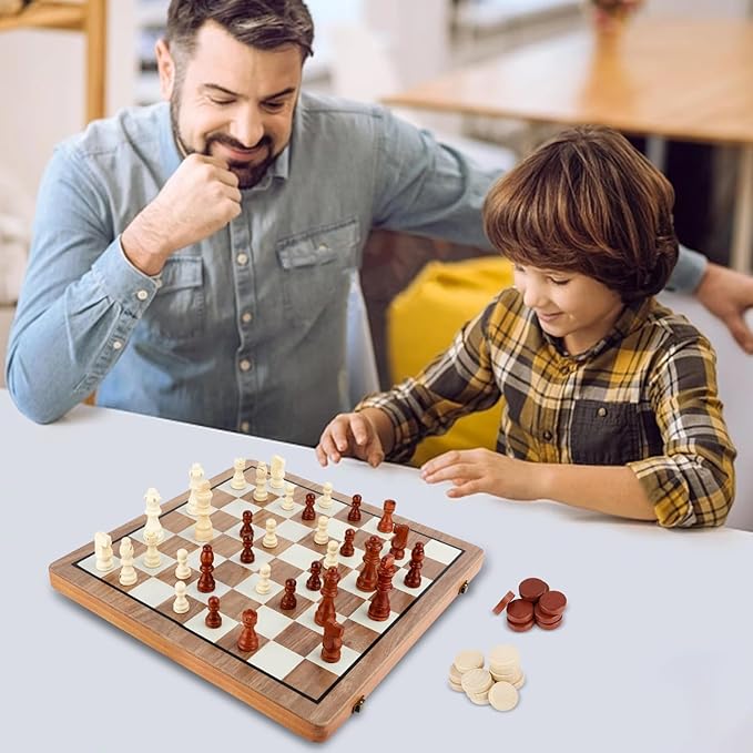 MerryPony 2 in 1 Magnetic Wooden Chess and Checkers Set 15 Foldable Chess set for Adults &amp Kids Chess Board with 2 Extra Queens Travel Chess Set with Pieces Storage Slots Ideal Chess for Begi