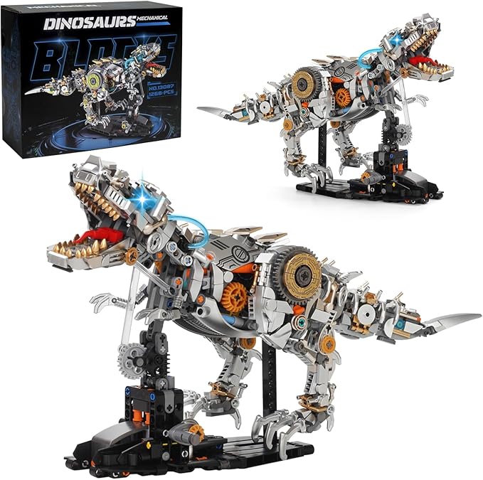 Mechanical Dinosaur Building Blocks Linkage Kit Jurassic Animal Tyrannosaurus Rex Model with Lighting &amp Display Stand STEM Toy DIY Desktop Ornament for Kids Ages 12+ Birthday Gift Idea