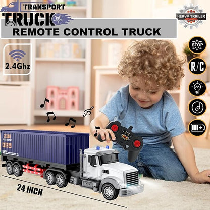 Remote Control Semi Truck with Trailer -24 Inch Semi Truck Toy for Kids1:24 Container Truck with LED Lights &amp Music Great Gift for Boys Girls