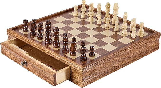 VEVOR Solid Wood Chess Set 15 inch 2-in-1 Chess Checkers Game Set Chess Board Games with Storage Drawer &amp Weighted Chess Checkers Pieces &amp 2 Queens Christmas Crafts Xmas Gift