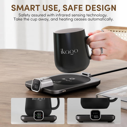 iKago Coffee Mug Warmer Set, Temperature Control Smart Heated Mug for Desk, Electric Coffee Warmer with Auto Shut Off & Real-Time Temp Display, Gifts for Men Women, 15oz, Black