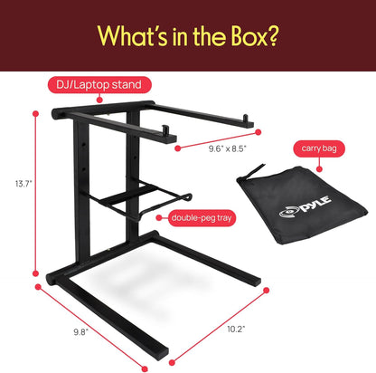 Pyle Portable Folding Laptop Stand - Foldable Laptop Stand with Adjustable Height, Secondary Accessory Tray for iPad, Tablet, DJ Mixer, Workstation, Gaming, Home Use and Carrying Bag Included