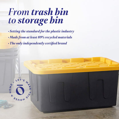 HOMZ 2-Pack Durabilt, Heavy Duty Plastic Storage Bins with Lids, 27 Gallon, Black/Yellow - Stackable Container Boxes for Home, Attic, and Garage Organization
