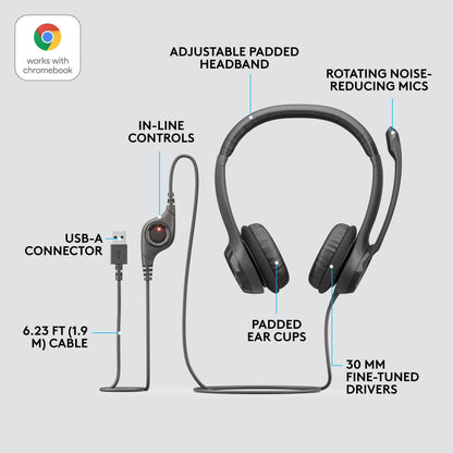 Logitech H390 Wired Headphones with Mic, USB Headset with Microphone for PC, Noise Cancelling Microphone for Video Meetings, Music, Gaming - Black