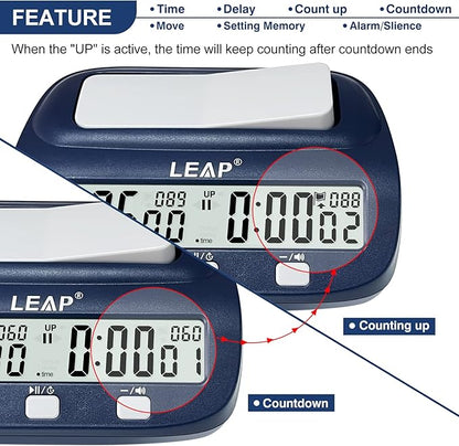 LEAP Digital Chess Timer - Professional with Time Bonus and Delay Features Great for Chess I-Go Navy