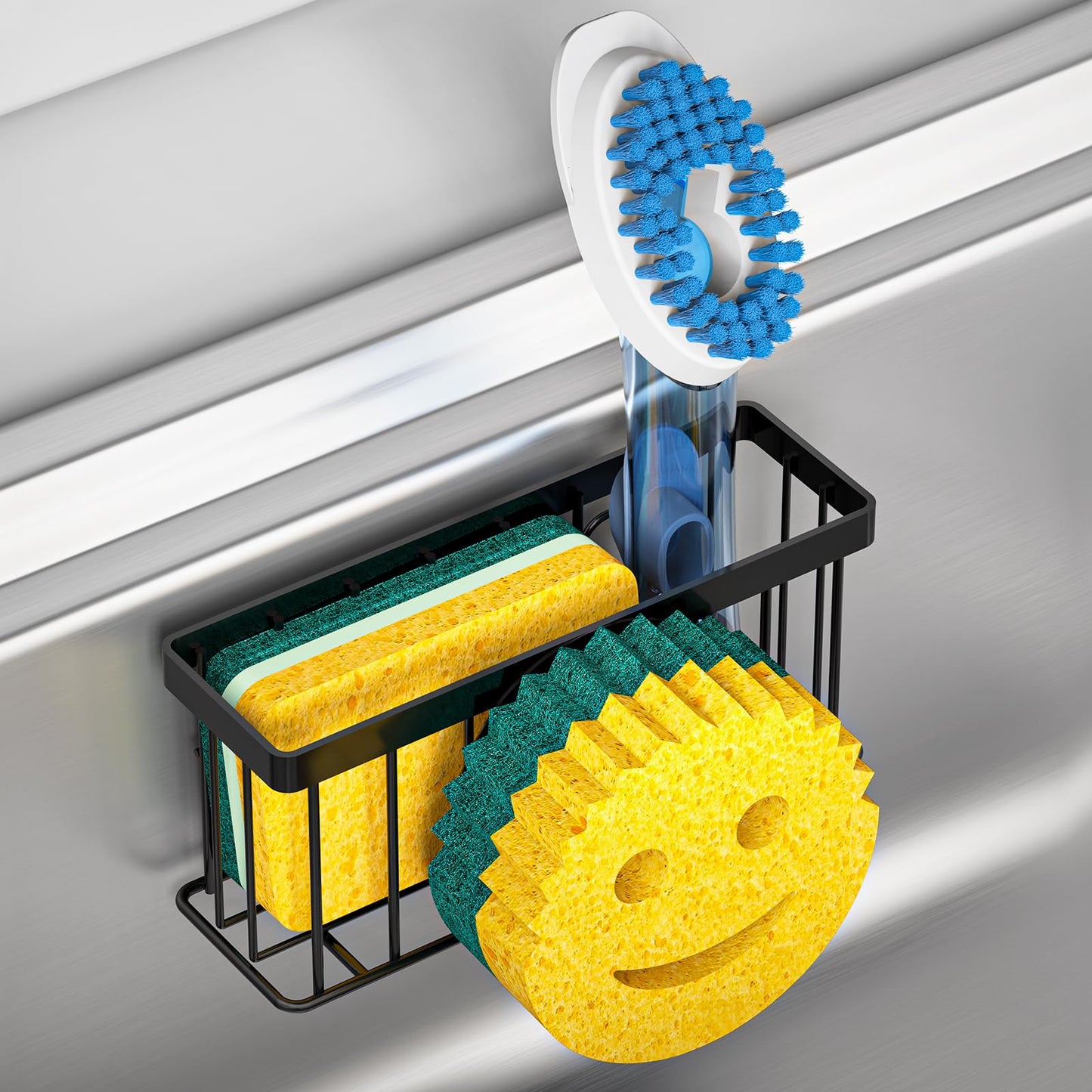 MURLONG Sponge Holder Smiley Face,Sink Caddy,Sink Organizer with 2 Suction Cups/1 Adhesive Strips,Designed for Sponge,Soap,Dish Brush,Scrubber - Black