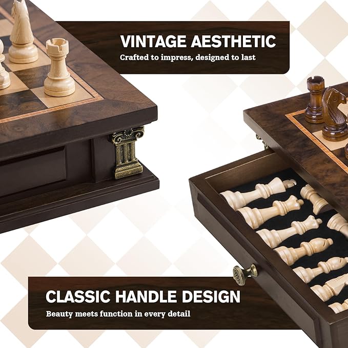 Peradix Magnetic Chess Set with 2 Built-in Storage Drawers 12 inch Wooden Strategy Board Games 2 Extra Queens Travel Magnet Chess Game for Adults Kids and Family Game Night Gift Package
