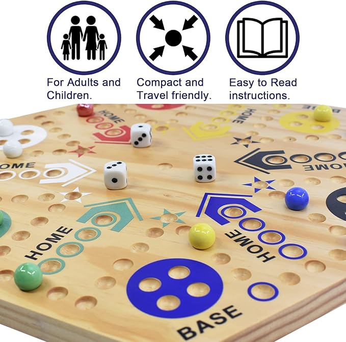 Original Marble Game Wahoo Board Game 16-Inch Double Side Painted Wooden Fast Track Board Game for 6 Player and 4 Player 6 Colors 36 Glass Marbles 8 Dice for Family Game Night Friends Party