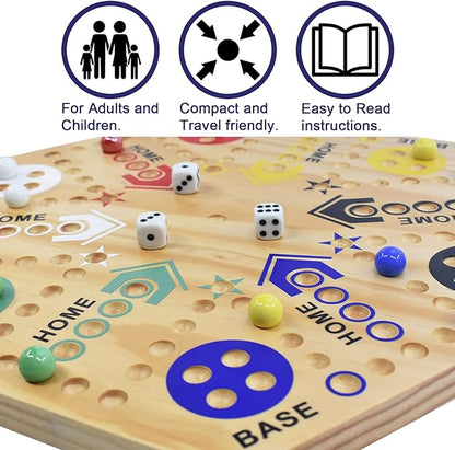 Original Marble Game Wahoo Board Game 16-Inch Double Side Painted Wooden Fast Track Board Game for 6 Player and 4 Player 6 Colors 36 Glass Marbles 8 Dice for Family Game Night Friends Party