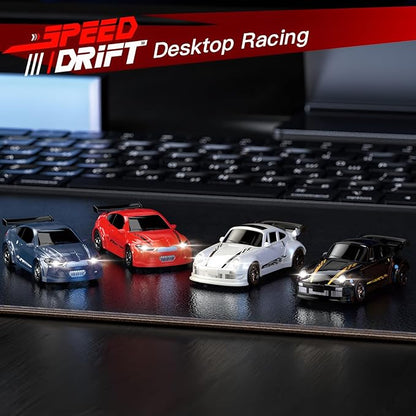 Desktop Mini Size 1:64 Scale 4WD RC Drift Car with Skill-Building Drift Control &amp LED Lights – Learn Drift Techniques Fast Charge Adjustable Throttle 2.4GHz Remote – Blue