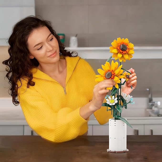 BlockPro Upgrade Sunflower Building Set for Adults Teens Botanical Collection Flower Bouquet with Vase Gift for Birthday Mother's Day Anniversary Pretty Home Decor for Flower Lovers (821pcs)