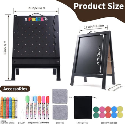 Prize Drop Game Board 21x30 Double-Sided Foldable Design with Wooden A-Frame Chalkboard Sign for Family Carnival Trade Show &amp Party - Includes 10 Coin Drop Discs and Chalk Set Portable Desig